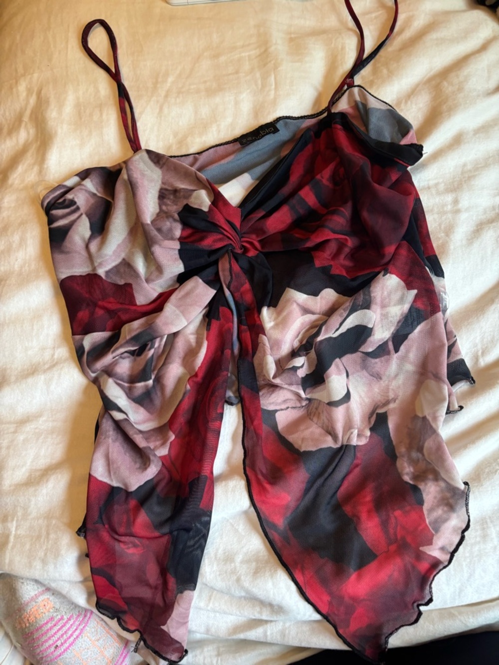 Floral Sheer Twist-Front Cami Top in Red & Pink (roses)
